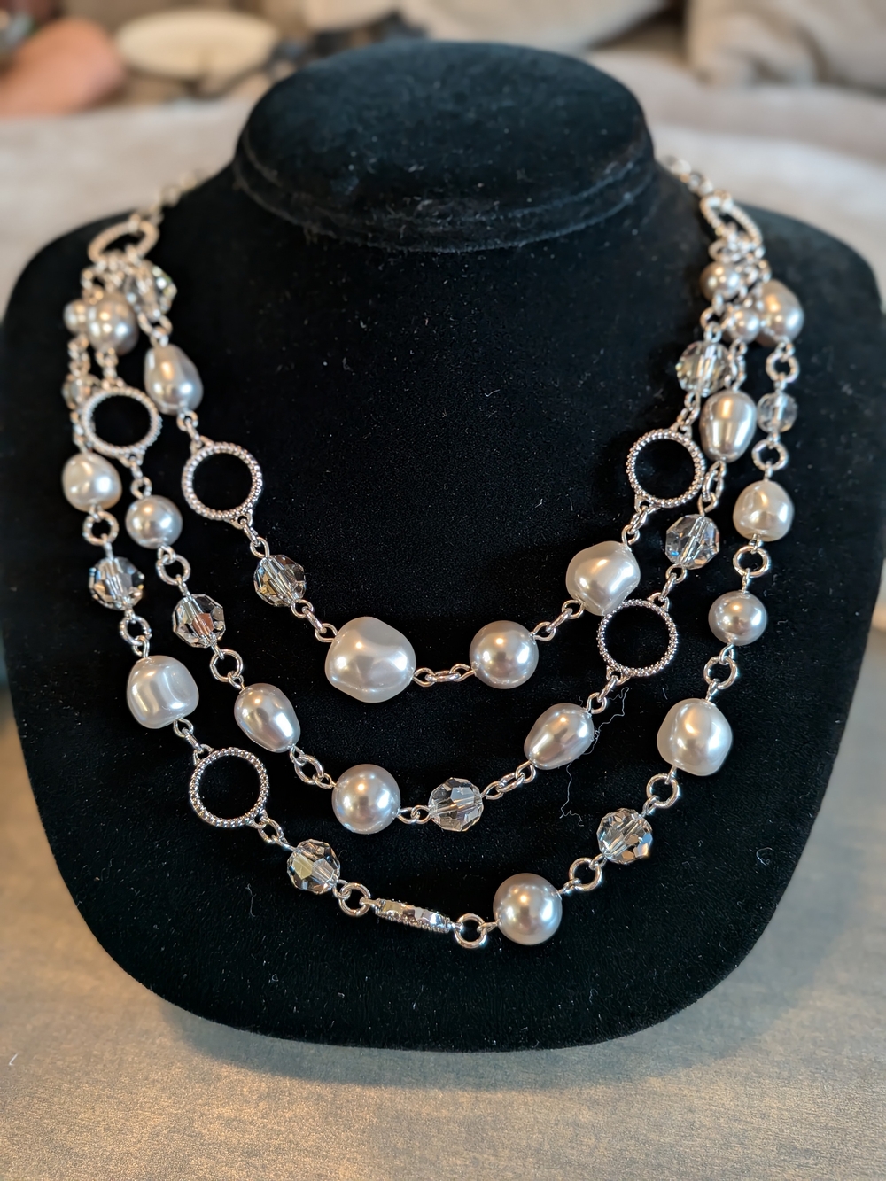Touchstone Crystal Silver-Tone Multi-Strand Pearl and Crystal Necklace